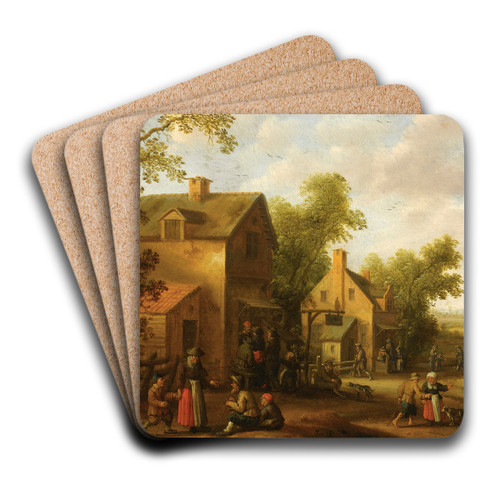 Village Scene With Peasants by Joost Cornelisz Droochsloot Art Drink Coaster set