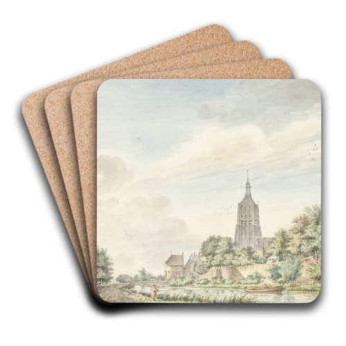 Gezicht op Asperen met de stadsmuren en de kerktoren, by Jacobus Versteegen Art Drink Coaster set Gezicht op Asperen met de stadsmuren en de kerktoren, by Jacobus Versteegen Art Drink Coaster set