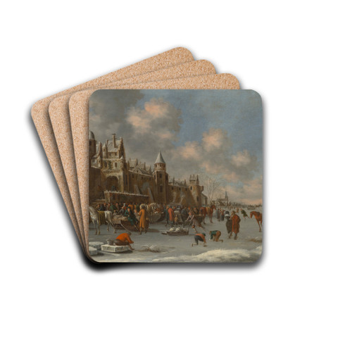 A winter landscape with skaters on a frozen lake near a city wall by Thomas Heeremans Drink Coasters - set of 4 A winter landscape with skaters on a frozen lake near a city wall by Thomas Heeremans Drink Coasters - set of 4