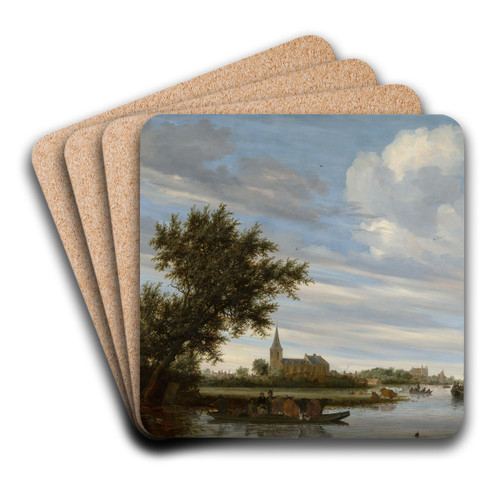 River View with Church and Ferry by Jacob Salomonsz. van Ruysdael Art Drink Coaster set