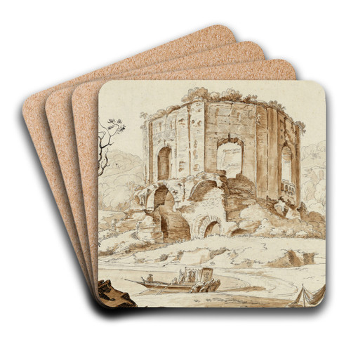 The so-called Temple of Venus at Baiae, with tourists preparing to disembark and fishermen mending nets by Carlo Labruzzi Art Drink Coaster set