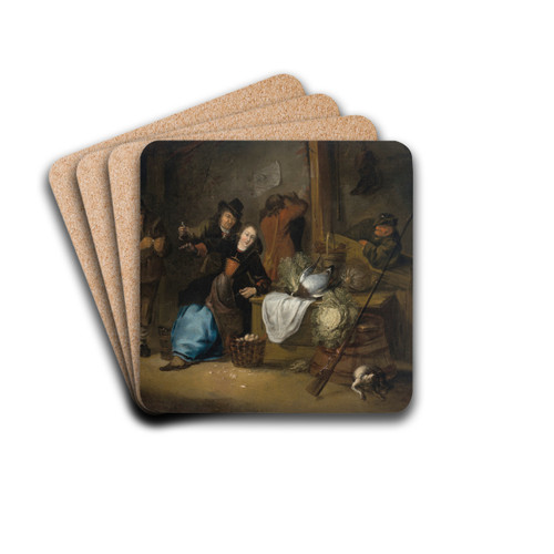A rustic interior with a seated woman and other figures making merry by Gerrit Lundens Drink Coasters - set of 4