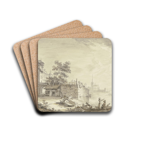 Stadttor bei einem Turm am Wasser (Oestrich), vorne ein Kahn mit drei Personen und einem Hund by Christian Georg Schtz the elder Drink Coasters - set of 4
