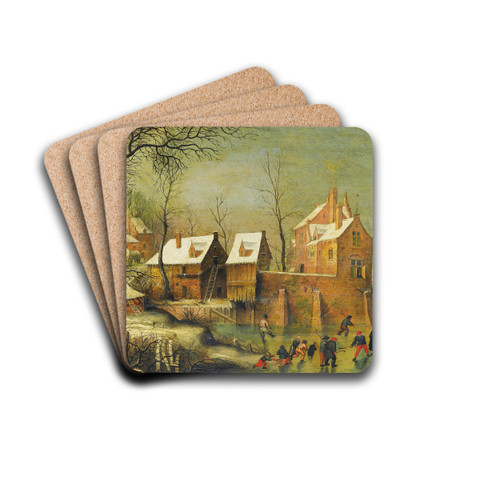 Townscape With Skaters On A Frozen River by Jacob Grimmer Drink Coasters - set of 4 Townscape With Skaters On A Frozen River by Jacob Grimmer Drink Coasters - set of 4