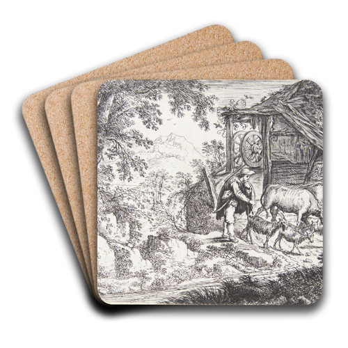 Landskab med en hyrde med to ker og fire geder by Cornelis Matthieu Art Drink Coaster set