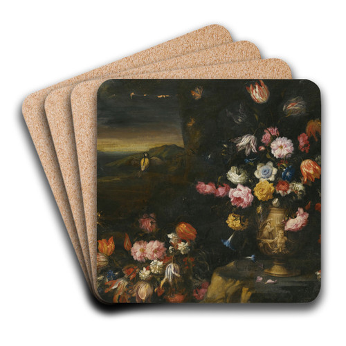 Still Life With Vase Of Flowers In A Coastal Landscape Setting by Francesco Caldei Art Drink Coaster set Still Life With Vase Of Flowers In A Coastal Landscape Setting by Francesco Caldei Art Drink Coaster set