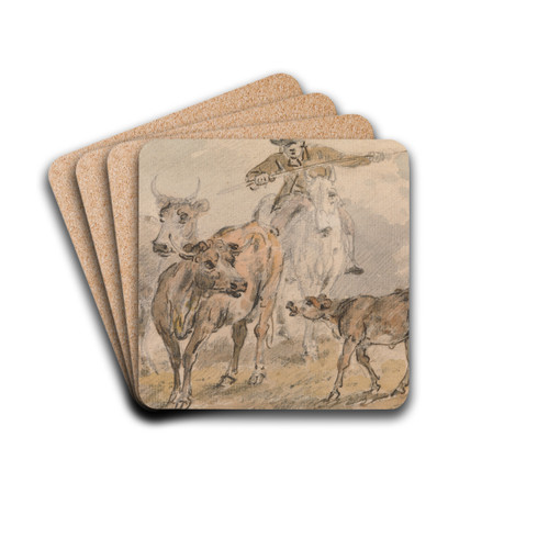 Man on a horse hearding two cows and a calf by Sawrey Gilpin Drink Coasters - set of 4