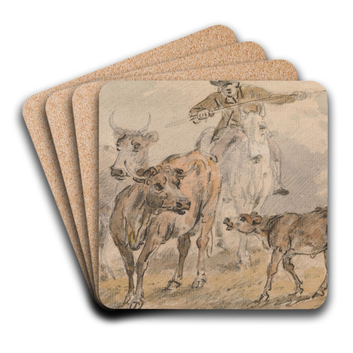 Man on a horse hearding two cows and a calf by Sawrey Gilpin Art Drink Coaster set