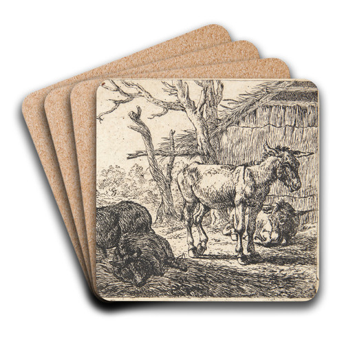 To svin og tre sler, tv en spindende kvinde by Pieter van Laer Art Drink Coaster set