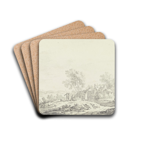 Huser eines Dorfes in einer hgeligen Landschaft, von links fhrt ein Weg mit einer Gruppe von Personen ber eine Anhhe zu den Husern by Johann Christoph Dietzsch Drink Coasters - set of 4