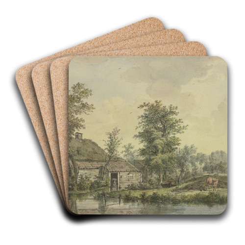 Bauernhaus am Wasser, bei einem Schubkarren eine Kuh by Jacob van Liender Art Drink Coaster set
