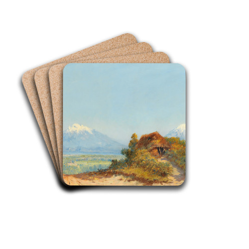 Sicilian Landscape, Etna in the Background by Max Friedrich Rabes Drink Coasters - set of 4 Sicilian Landscape, Etna in the Background by Max Friedrich Rabes Drink Coasters - set of 4