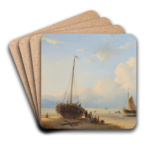 Fisherfolk With Beached Vessels by Andreas Schelfhout Art Drink Coaster set Fisherfolk With Beached Vessels by Andreas Schelfhout Art Drink Coaster set