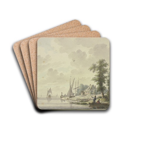 Bei einem Bauernhaus liegt eine Barke, vorne rechts ein Ufer, bei einigen Bumen ein Kahn mit zwei Mnnern by Nicolaas Wicart Drink Coasters - set of 4