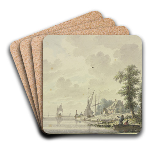 Bei einem Bauernhaus liegt eine Barke, vorne rechts ein Ufer, bei einigen Bumen ein Kahn mit zwei Mnnern by Nicolaas Wicart Art Drink Coaster set