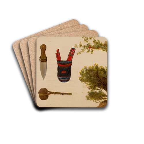 Studies of Beaded Scabbard and Knife, Decorated Pouch, Stone Axe, Branch of Bull Berry, and Hill Sage by Charles Ferdinand Wimar Drink Coasters - set of 4