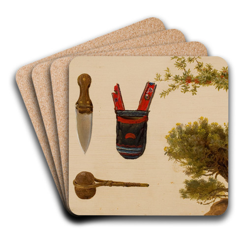 Studies of Beaded Scabbard and Knife, Decorated Pouch, Stone Axe, Branch of Bull Berry, and Hill Sage by Charles Ferdinand Wimar Art Drink Coaster set