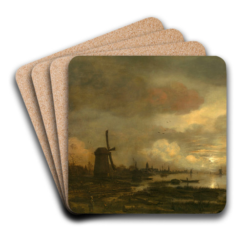 Landscape by Moonlight by Aert van der Neer Art Drink Coaster set Landscape by Moonlight by Aert van der Neer Art Drink Coaster set