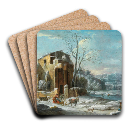 A winter landscape with an elegant company on sleighs drawn by horses by Dirck Maas Art Drink Coaster set A winter landscape with an elegant company on sleighs drawn by horses by Dirck Maas Art Drink Coaster set