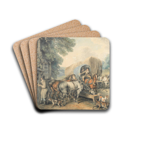 A stagecoach halting at a country inn by Samuel Howitt Drink Coasters - set of 4 A stagecoach halting at a country inn by Samuel Howitt Drink Coasters - set of 4