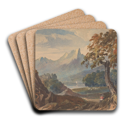 Landscape with Mountains, Lake Castle, Seated Figure in Foreground by Thomas Sully Art Drink Coaster set