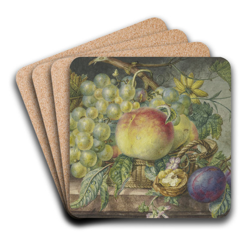 Fruchtstck, ein Korb mit Trauben und Pfirsichen, dabei eine Nuss und zwei Pflaumen by Oswald Wijnen Art Drink Coaster set Fruchtstck, ein Korb mit Trauben und Pfirsichen, dabei eine Nuss und zwei Pflaumen by Oswald Wijnen Art Drink Coaster set