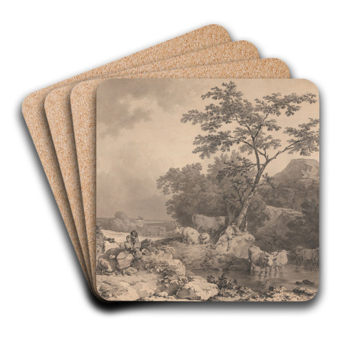 Figures by a stream with cattle watering by Philip James de Loutherbourg Art Drink Coaster set Figures by a stream with cattle watering by Philip James de Loutherbourg Art Drink Coaster set