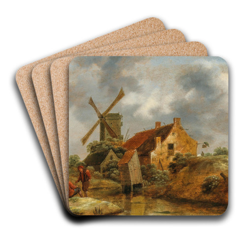 A dune landscape with peasants by a farmhouse and windmills by Nicolaes Molenaer Art Drink Coaster set