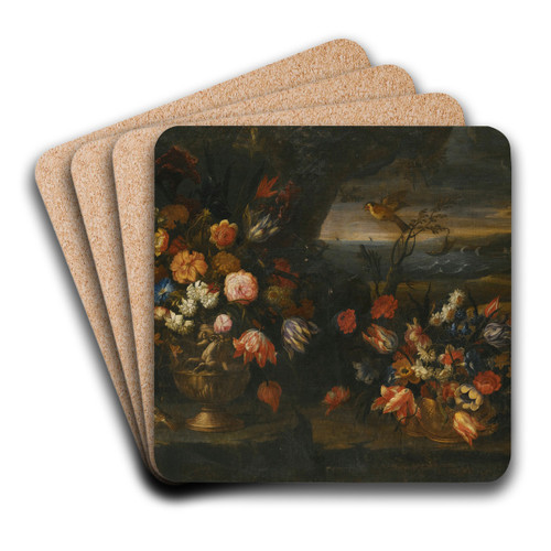 Still Life With Vase Of Flowers In A Coastal Landscape Setting by Francesco Caldei Art Drink Coaster set Still Life With Vase Of Flowers In A Coastal Landscape Setting by Francesco Caldei Art Drink Coaster set
