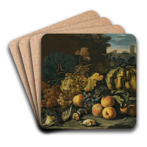 A Still Life With Melons, Apples, Black And Green Grapes, A Pomegranate And Birds On A Forest Floor, A Landscape Beyond With A Town On The Horizon by Roman School Art Drink Coaster set A Still Life With Melons, Apples, Black And Green Grapes, A Pomegranate And Birds On A Forest Floor, A Landscape Beyond With A Town On The Horizon by Roman School Art Drink Coaster set