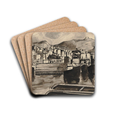 Harbour view of Genoa by Hermann Lismann Drink Coasters - set of 4 Harbour view of Genoa by Hermann Lismann Drink Coasters - set of 4