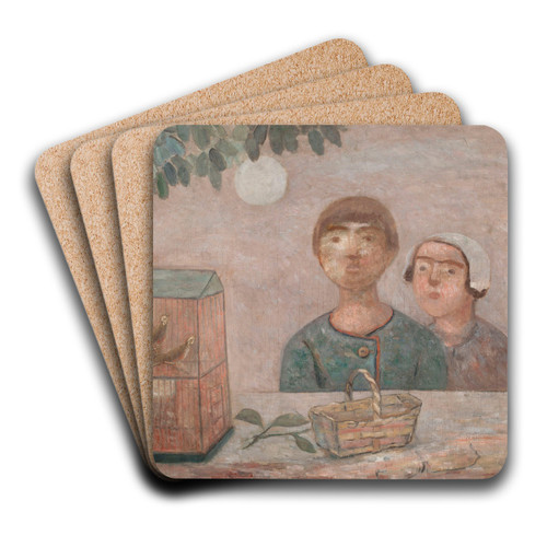 Children in front of a cage with little birds by Tadeusz Makowski Art Drink Coaster set Children in front of a cage with little birds by Tadeusz Makowski Art Drink Coaster set