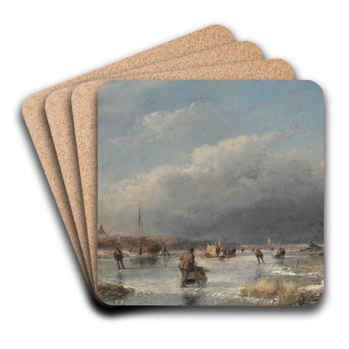 Skaters On A Frozen River by Andreas Schelfhout Art Drink Coaster set Skaters On A Frozen River by Andreas Schelfhout Art Drink Coaster set