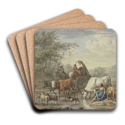 Hirten fahren mit einem Wagen durchs Wasser, rechts eine Hirtin, die sich die Fe wscht, bei einer weien Kuh by Aert Schouman Art Drink Coaster set