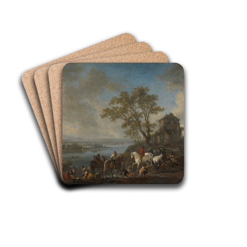 Horsepond on a River by Philips Wouwerman Drink Coasters - set of 4