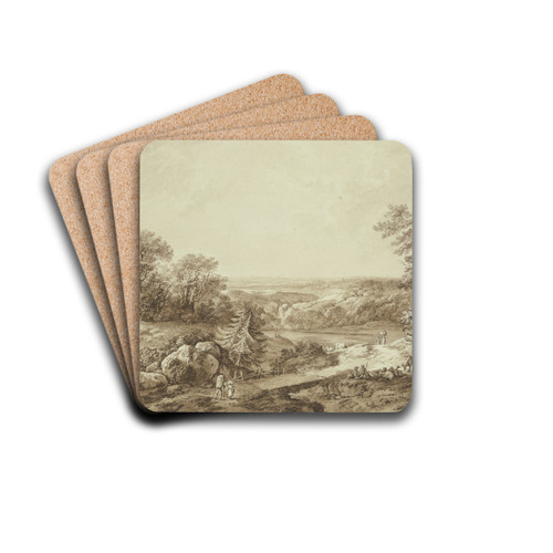Hgellandschaft mit Ausblick in weite Ferne, vorne am Weg rastende Hirten mit ihrer Herde und wandernde Bauern by Johann Heinrich West Drink Coasters - set of 4