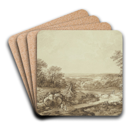 Hgellandschaft mit Ausblick in weite Ferne, vorne am Weg rastende Hirten mit ihrer Herde und wandernde Bauern by Johann Heinrich West Art Drink Coaster set