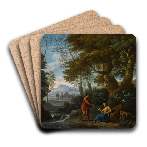 Landscape with a fisherman and a female figure by a river by Andrea Locatelli Art Drink Coaster set