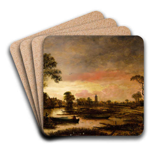 River Landscape by Aert van der Neer Art Drink Coaster set River Landscape by Aert van der Neer Art Drink Coaster set