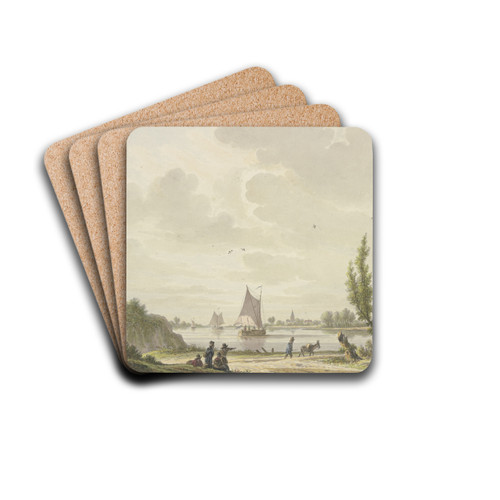 Auf einem Fluss segeln drei Barken, vorne auf dem Weg ein Mann mit einem Esel, weiter links vier Figuren by Nicolaas Wicart Drink Coasters - set of 4