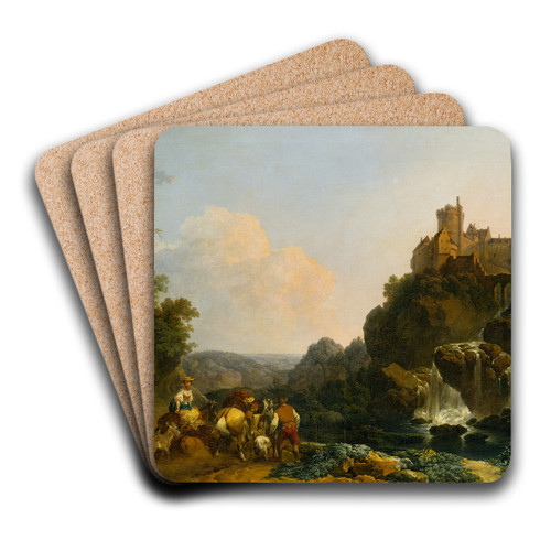 Landscape with Waterfall, Castle and Peasants by Philip James de Loutherbourg Art Drink Coaster set
