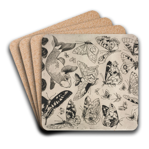Dinner Service (Rousseau service); Butterflies and Fish (no. 16) by Flix Bracquemond Art Drink Coaster set Dinner Service (Rousseau service); Butterflies and Fish (no. 16) by Flix Bracquemond Art Drink Coaster set