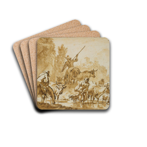 Zwei Hirten zu Pferde treiben Vieh durchs Wasser, die Hirtin mit einem Sack wartet hindurch by Nicolaes Pietersz. Berchem Drink Coasters - set of 4