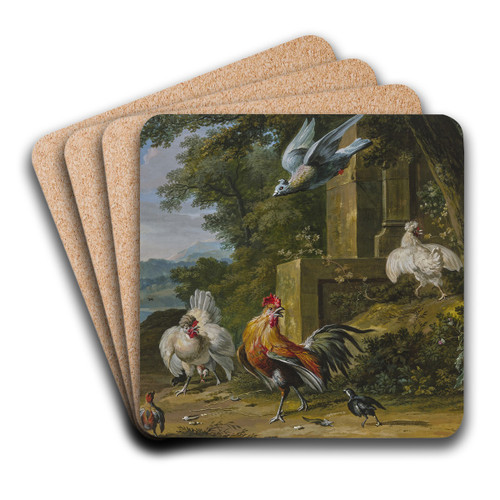 Ein Hahn und zwei Hennen mit ihren Jungen von einem Raubvogel berfallen by Dirck Dalens III Art Drink Coaster set Ein Hahn und zwei Hennen mit ihren Jungen von einem Raubvogel berfallen by Dirck Dalens III Art Drink Coaster set