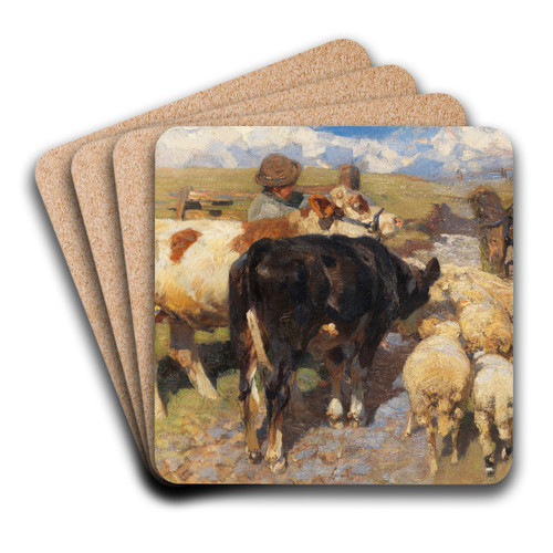 Khe und Schafe am Gatter by Heinrich Von Zgel Art Drink Coaster set