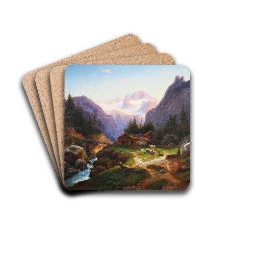 Idylle auf der Alm mit Blick auf den Dachsteingletscher by Joseph Heicke Drink Coasters - set of 4