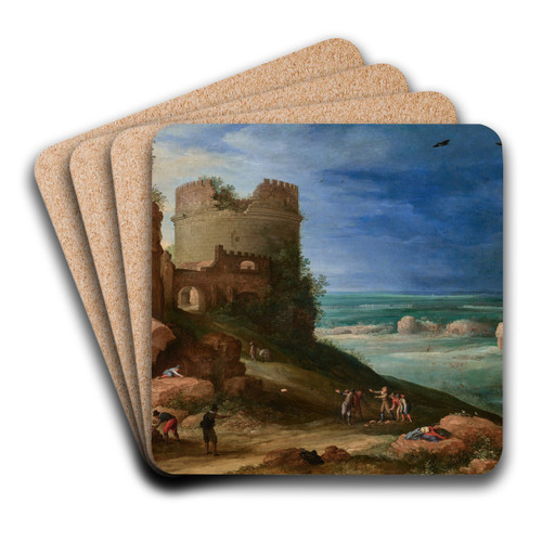Capriccio of the Via Appia Antica, near Rome, with the tomb of Cecilia Metella and the Claudian Aqueduct by Paul Bril Art Drink Coaster set Capriccio of the Via Appia Antica, near Rome, with the tomb of Cecilia Metella and the Claudian Aqueduct by Paul Bril Art Drink Coaster set