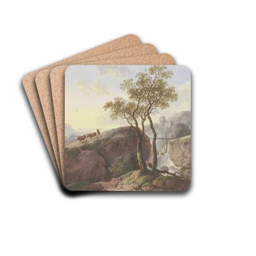Landschaft mit einem Wasserfall, ber den ein Steg fhrt, links treibt ein Bauer zwei Khe zu Tal, im Hintergrund eine Ruine by Maria Dorothea Wagner Drink Coasters - set of 4