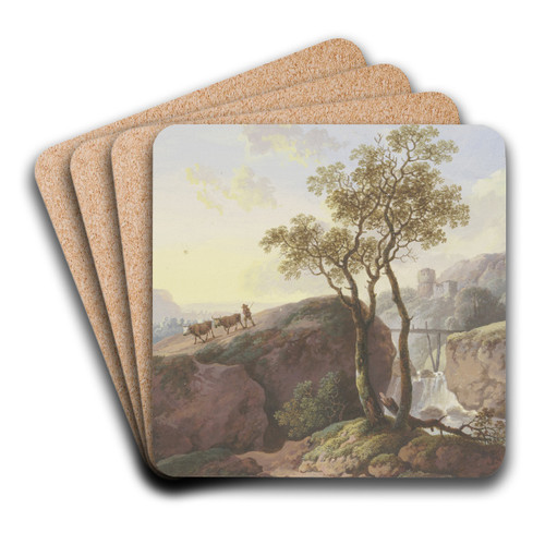 Landschaft mit einem Wasserfall, ber den ein Steg fhrt, links treibt ein Bauer zwei Khe zu Tal, im Hintergrund eine Ruine by Maria Dorothea Wagner Art Drink Coaster set