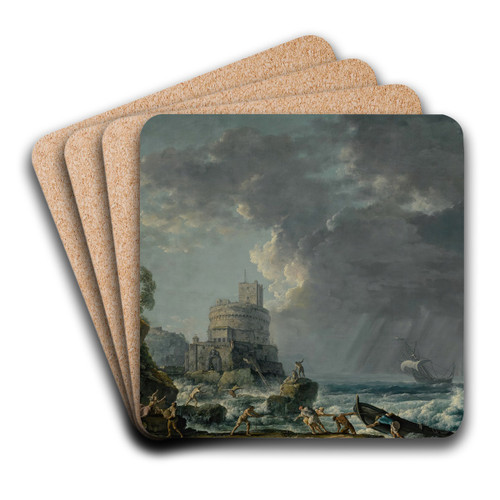 A storm off a rocky coast, with a shipwreck in the foreground and a fort on the rocky shoreline above by Carlo Bonavia Art Drink Coaster set